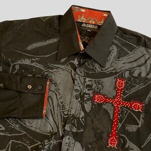 Mondo Mens 4XL Black Button Down Shirt Red Studded Cross Graphic Dragon Cuffs